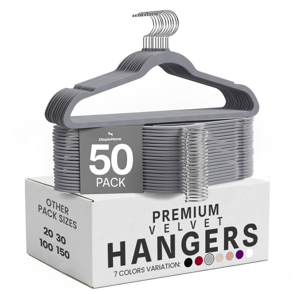 Utopia Home front pack of 50 grey velvet hangers shows organized solution