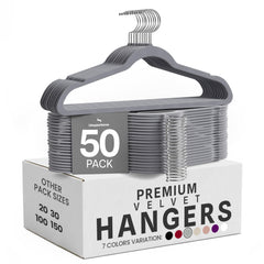 Utopia Home front pack of 50 grey velvet hangers shows organized solution