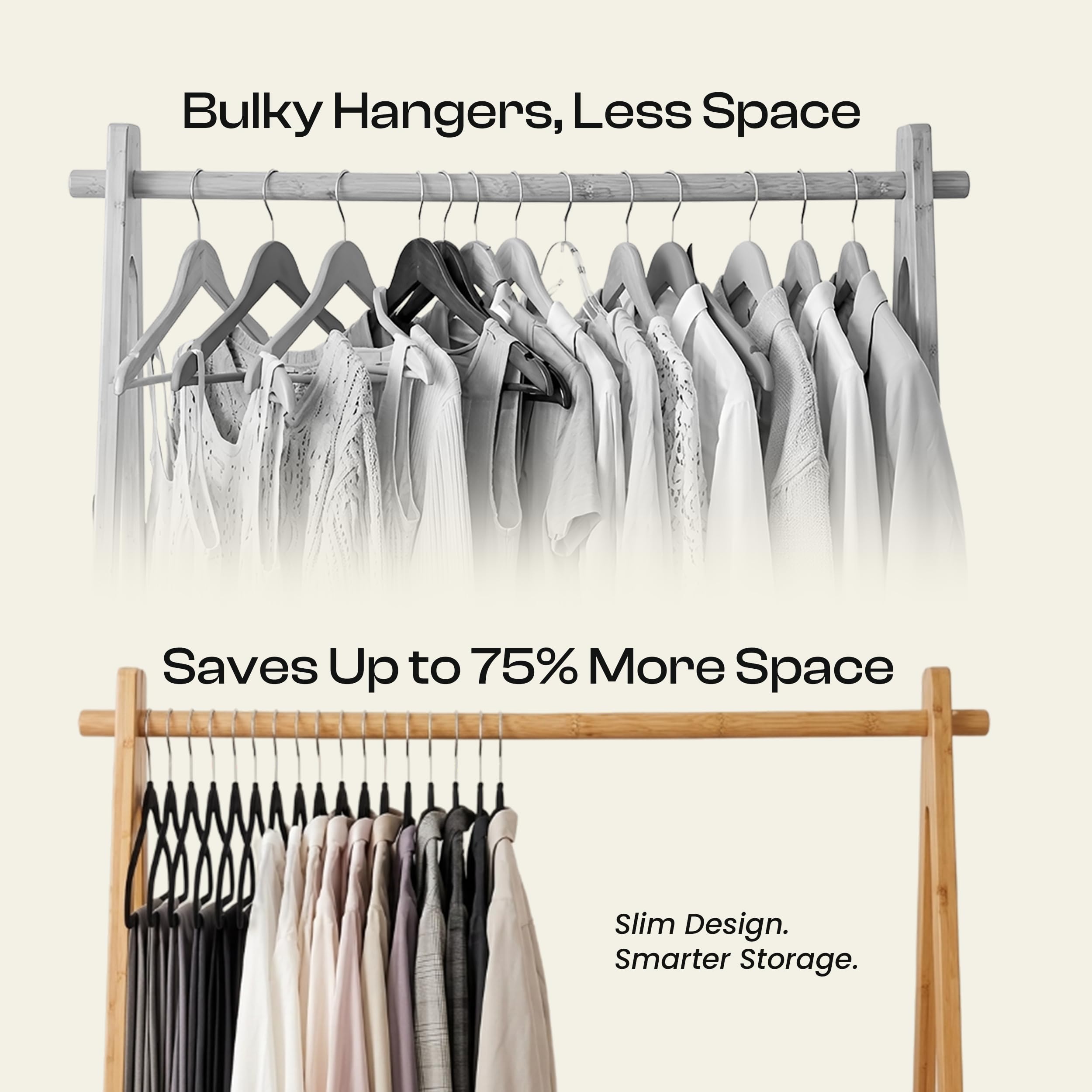 Utopia Home hangers in closet maximizing space and simplifying outfit selection