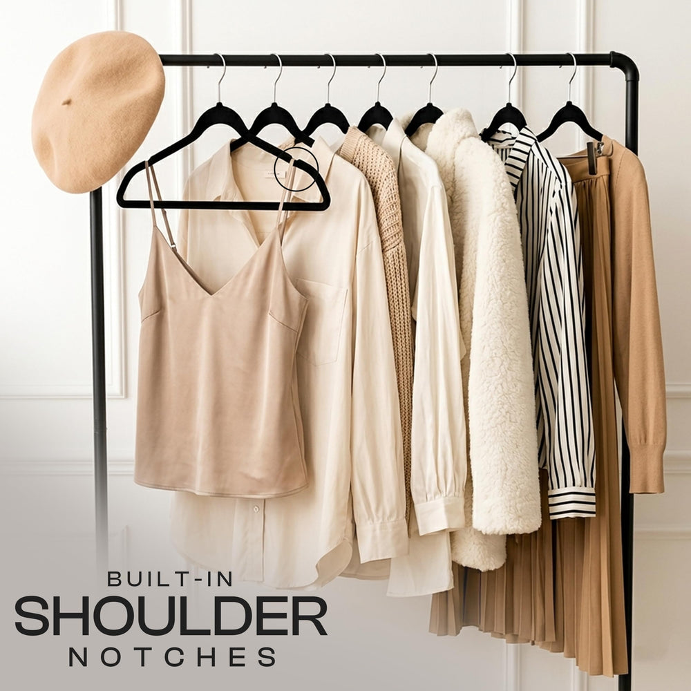 Utopia Home hangers displayed in bedroom creating boutique-style organization