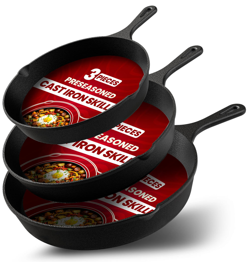 Utopia Kitchen front view of three-piece skillet set showing sizes and packaging benefit