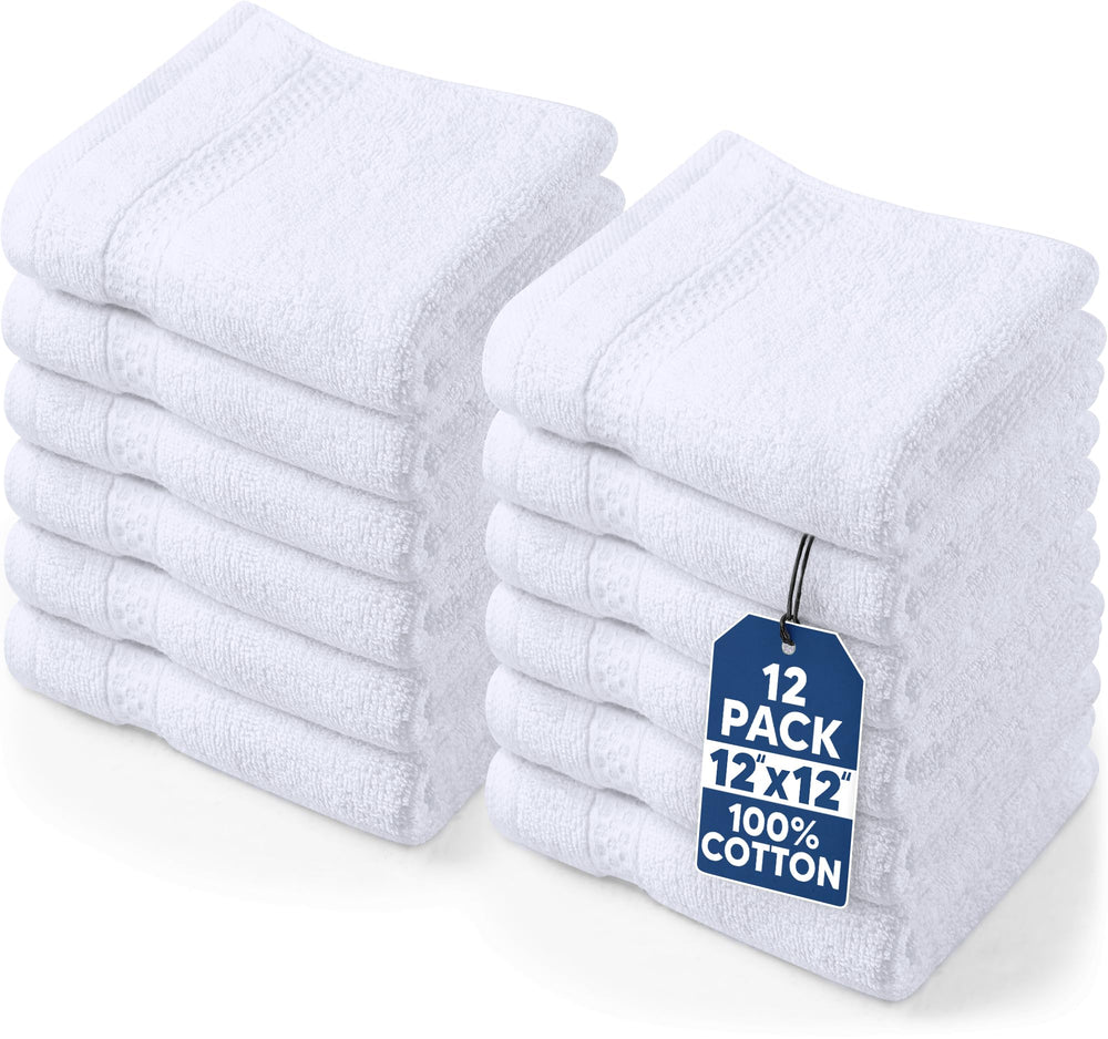 Utopia Towels stacked front view showing clean white set and value
