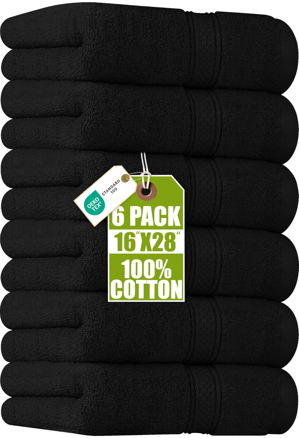 Utopia Towels front packaging showing six black hand towels, clear set presentation and value
