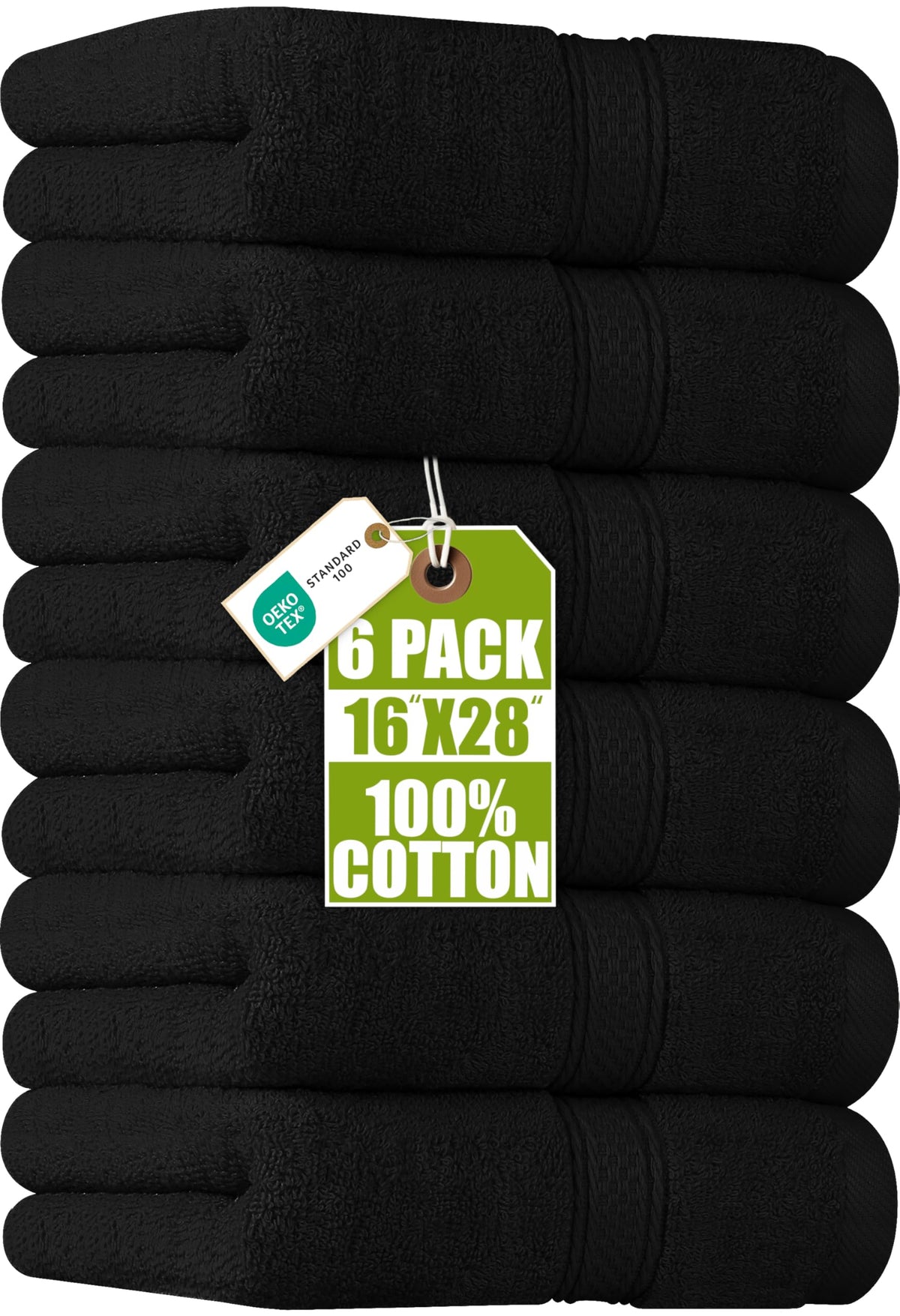 Utopia Towels front packaging showing six black hand towels, clear set presentation and value