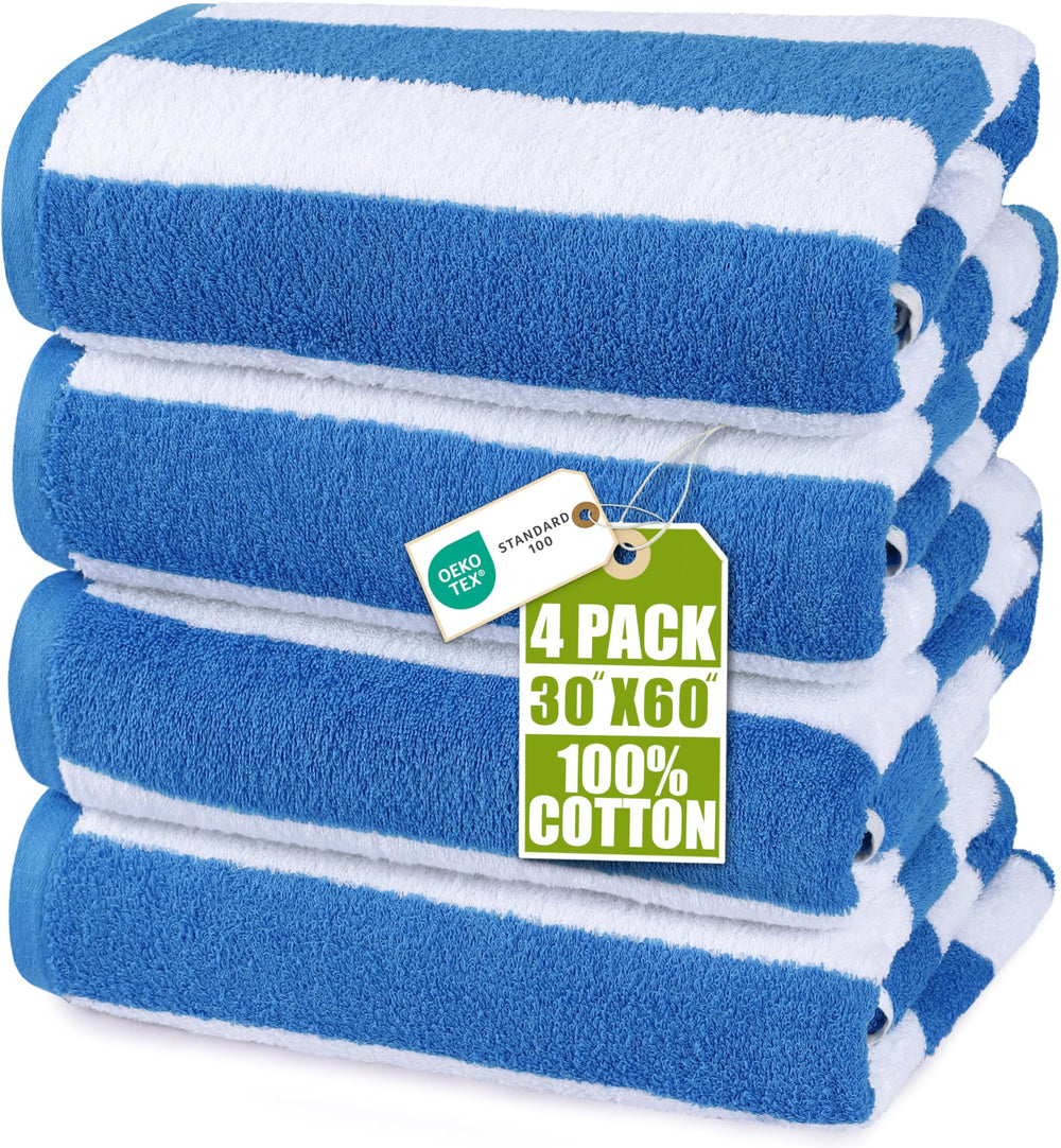 Utopia Towels front packaging showing blue cabana stripes and four-pack convenience