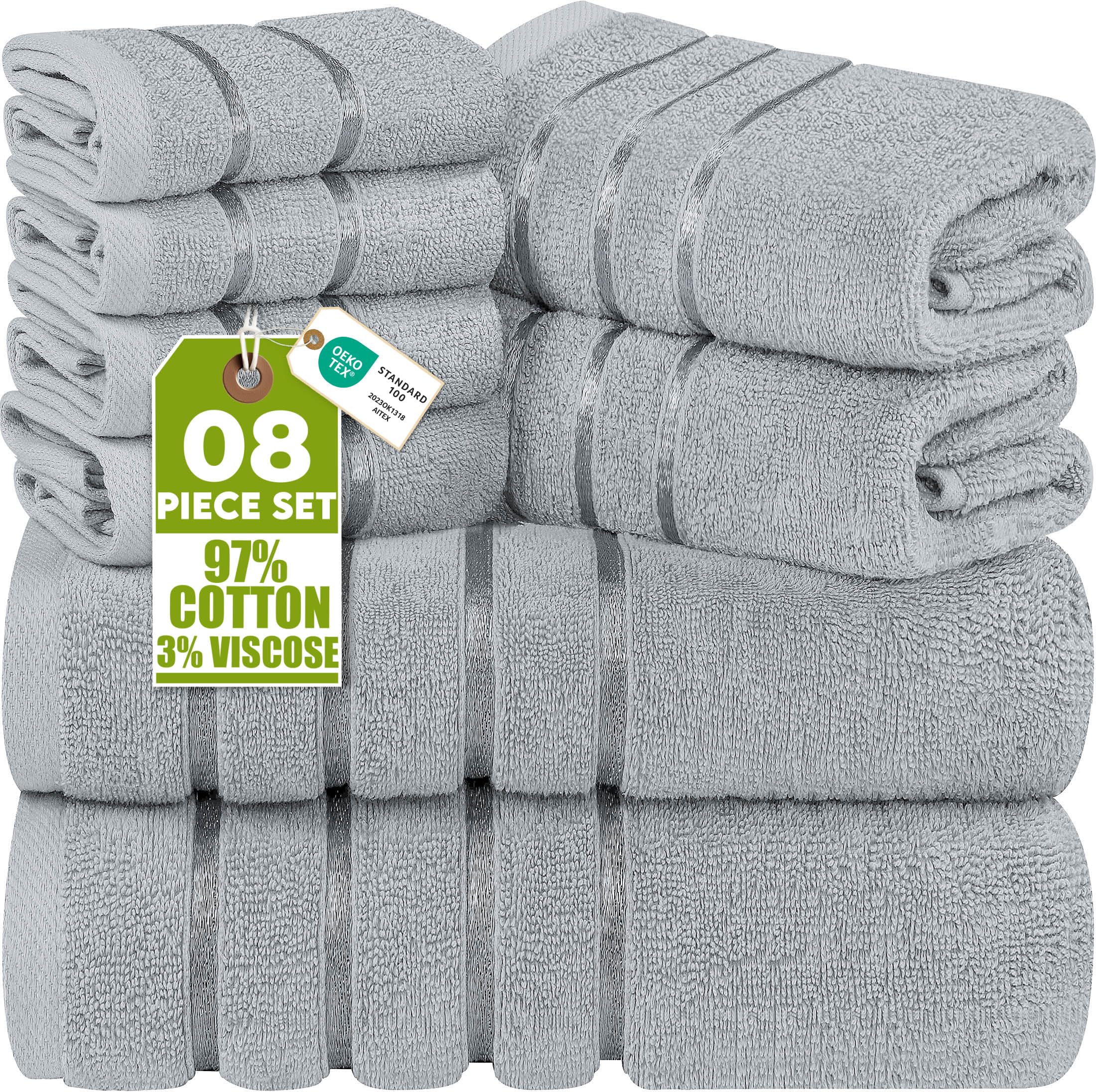 Utopia Towels front packaging showing cool grey set and neat fold for easy unpacking