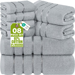 Utopia Towels front packaging showing cool grey set and neat fold for easy unpacking