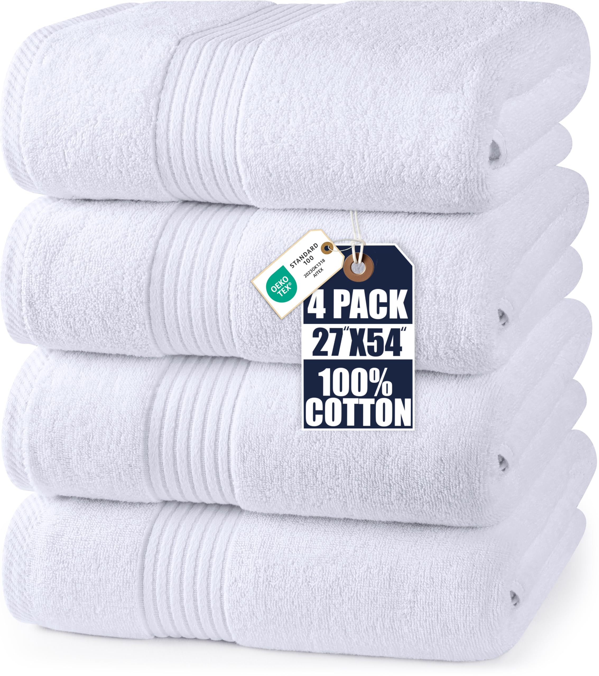 Utopia Towels front view of four white bath towels showing neat fold and clean aesthetic, great for guest-ready styling