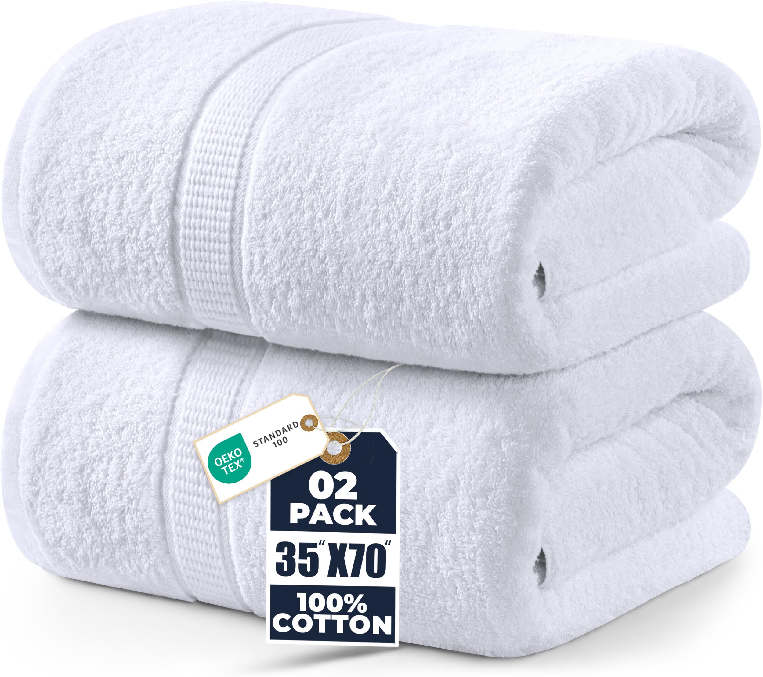 Utopia Towels front view of two-pack white jumbo bath sheets, ready to use