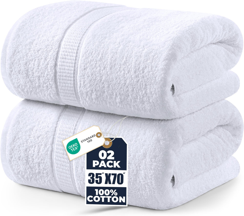 Utopia Towels front view of two-pack white jumbo bath sheets, ready to use