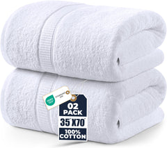 Utopia Towels front view of two-pack white jumbo bath sheets, ready to use