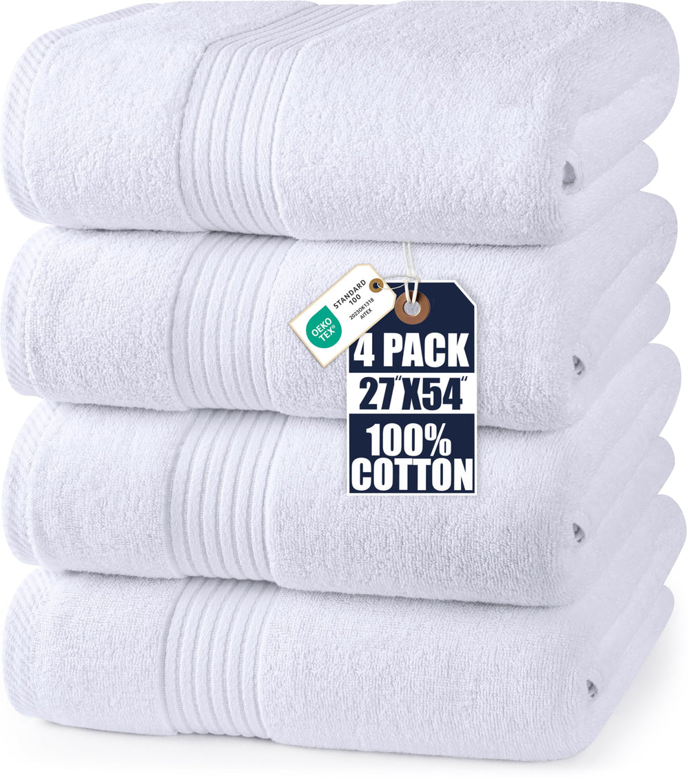 Utopia Towels front view of four white bath towels showing neat fold and clean aesthetic, great for guest-ready styling