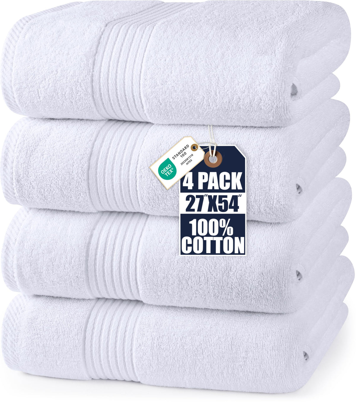 Utopia Towels front view of four white bath towels showing neat fold and clean aesthetic, great for guest-ready styling
