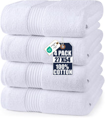 Utopia Towels front view of four white bath towels showing neat fold and clean aesthetic, great for guest-ready styling