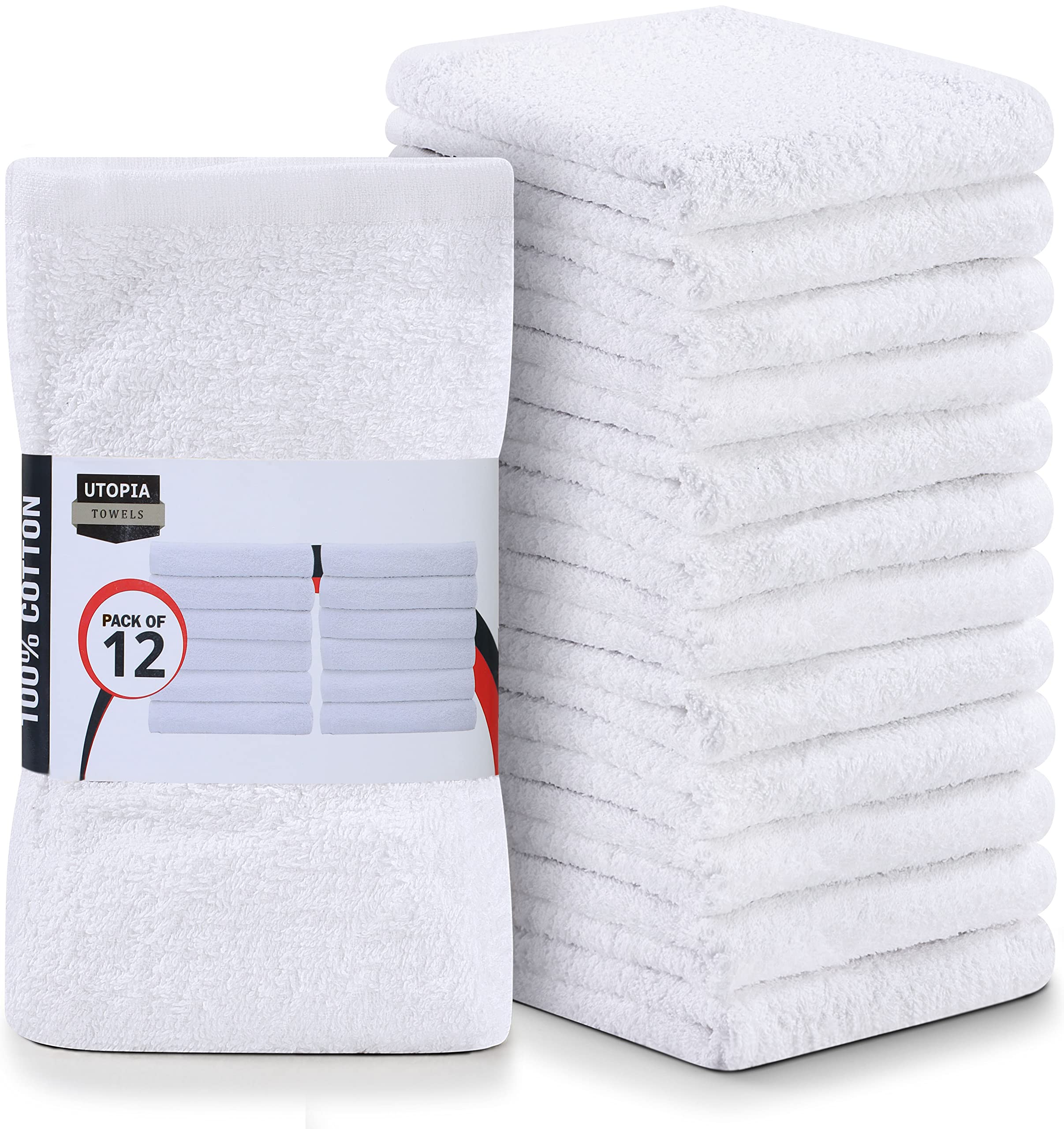 Utopia Towels front packaging showing 12-pack and neat folds for easy storage