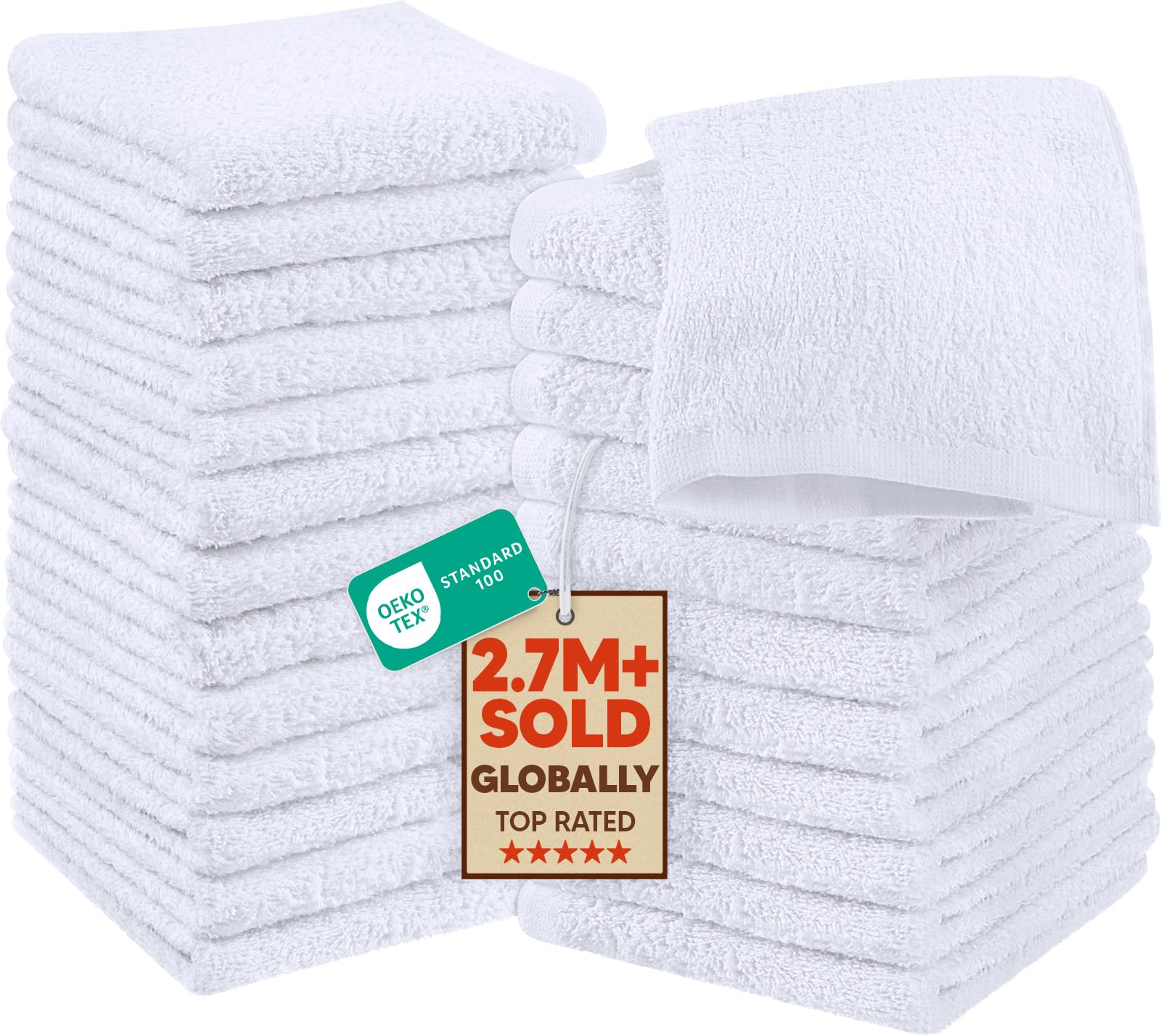 Utopia Towels front-packaging showing 24 white washcloths for value and convenience