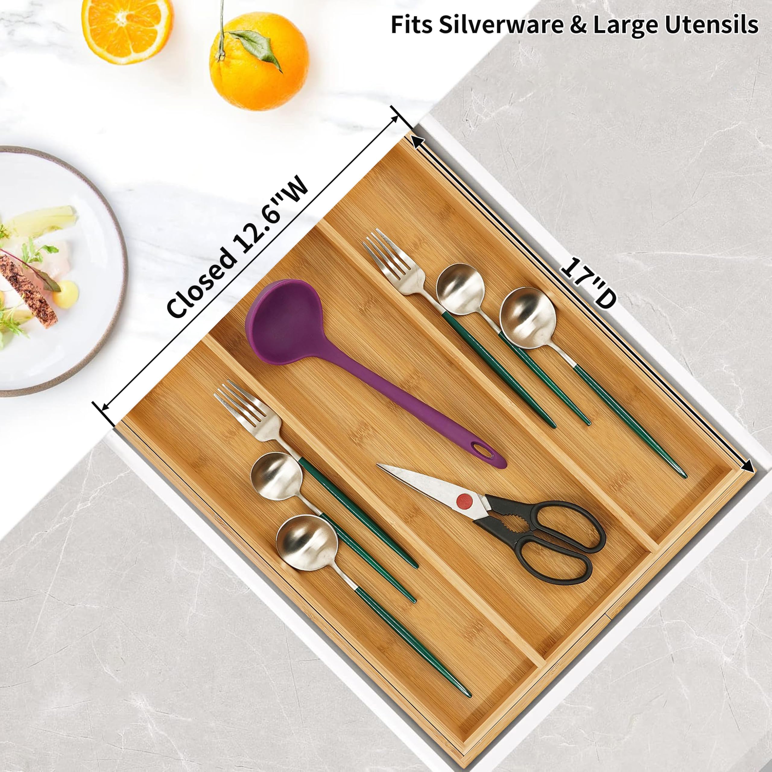 Utoplike bamboo organizer expanded in drawer illustrating width adjustment benefit