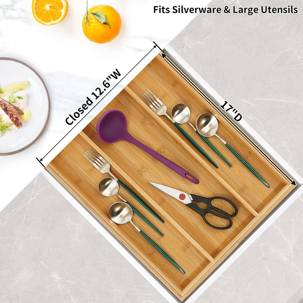 Utoplike bamboo organizer expanded in drawer illustrating width adjustment benefit
