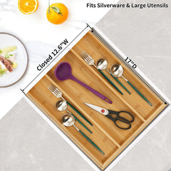 Utoplike bamboo organizer expanded in drawer illustrating width adjustment benefit