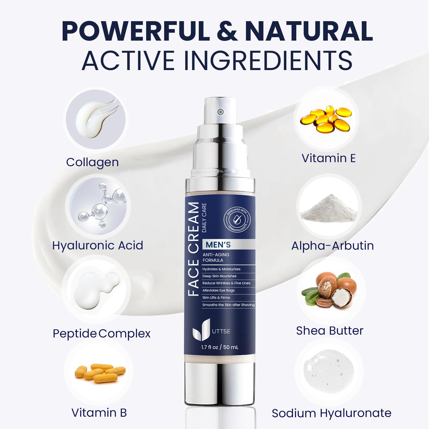 Uttse application under eye showing depuffing and brightening benefit
