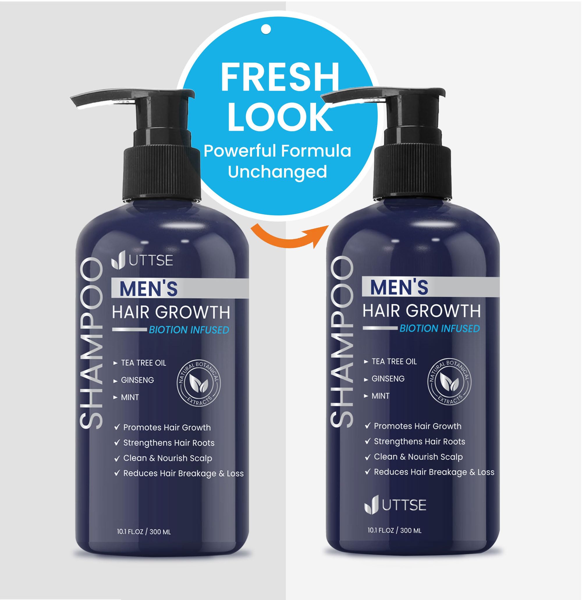 uttse shampoo bottle beside ginseng and mint, emphasizes natural botanical benefits