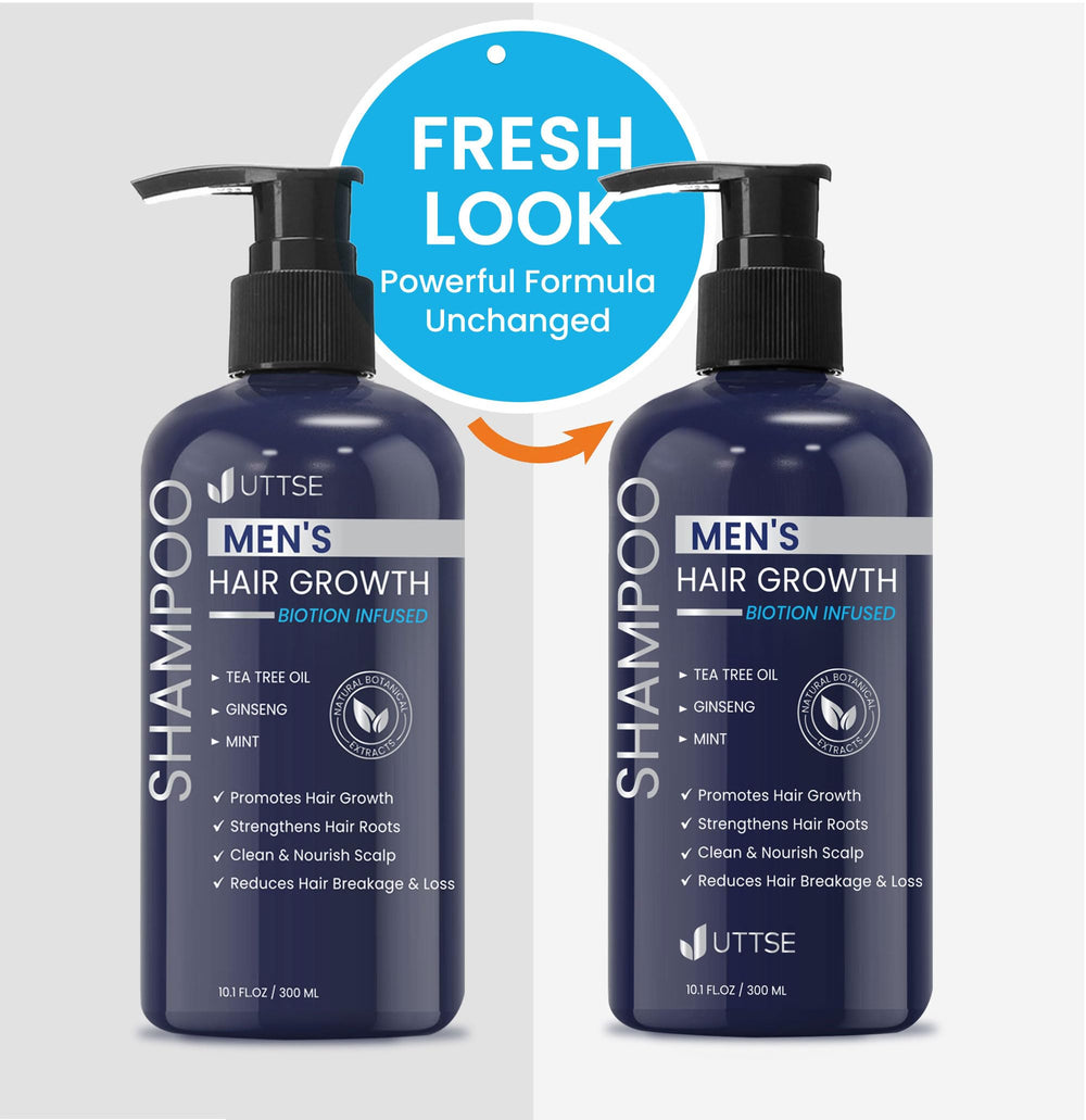 uttse shampoo bottle beside ginseng and mint, emphasizes natural botanical benefits
