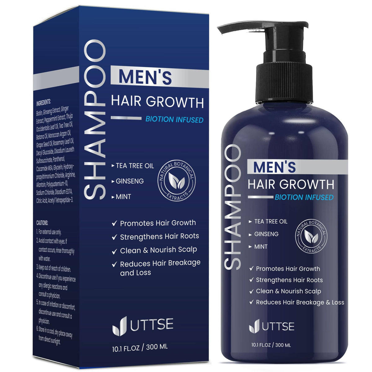 uttse shampoo front packaging showing label and dark blue bottle, promotes thicker hair