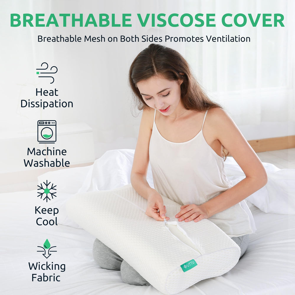 UTTU pillow on bed with side sleeper demonstrating alignment benefit