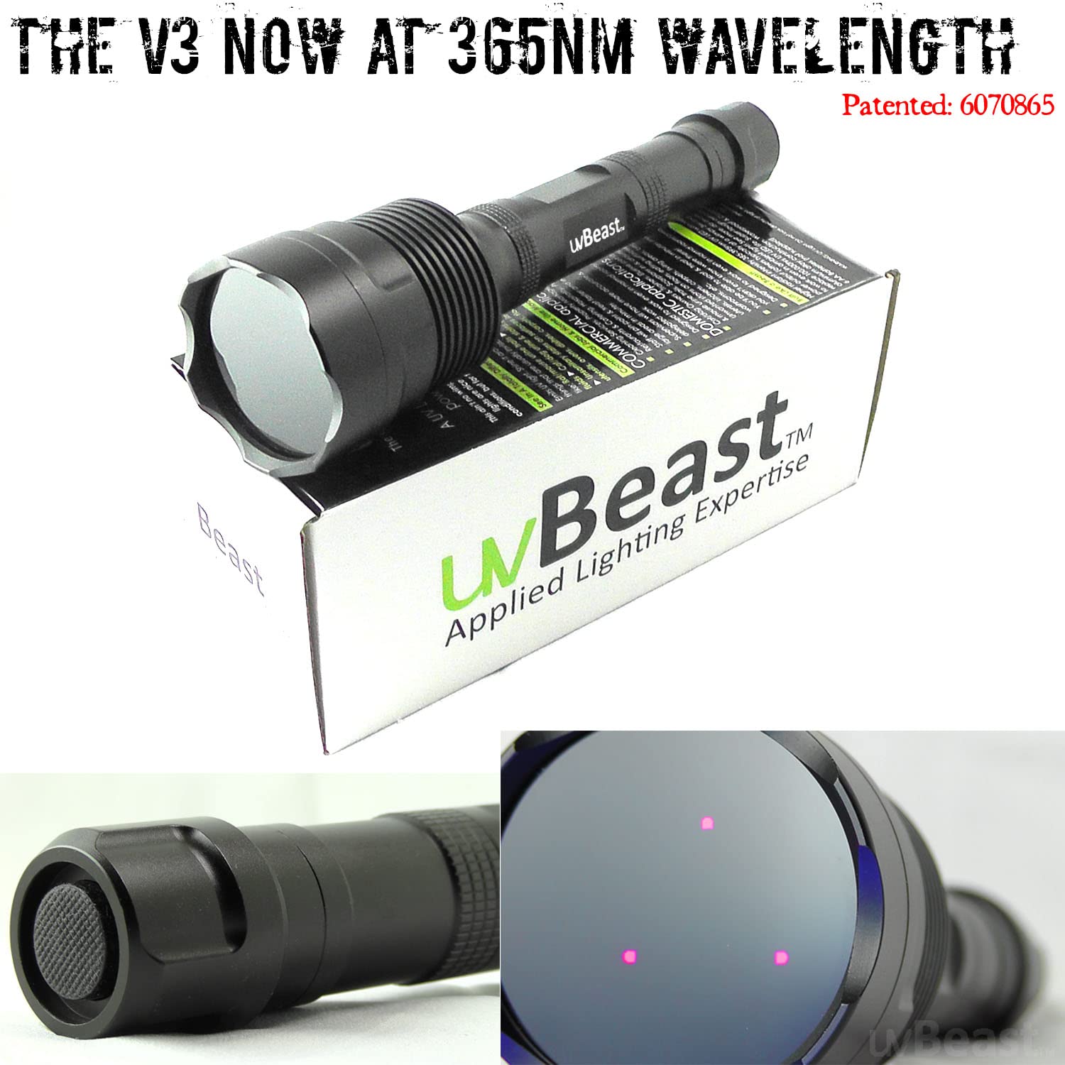 uvBeast V3 triple LED close-up showing filtered optics, precise 365nm output
