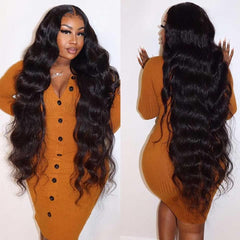 Uveous front view 28-inch body wave showing natural long movement and shine