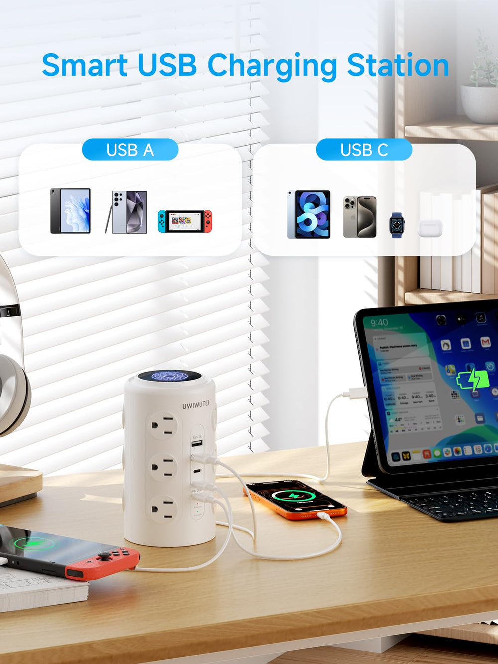 UWIWUTEI flat 45-degree plug and 10ft cord image showing space-saving placement