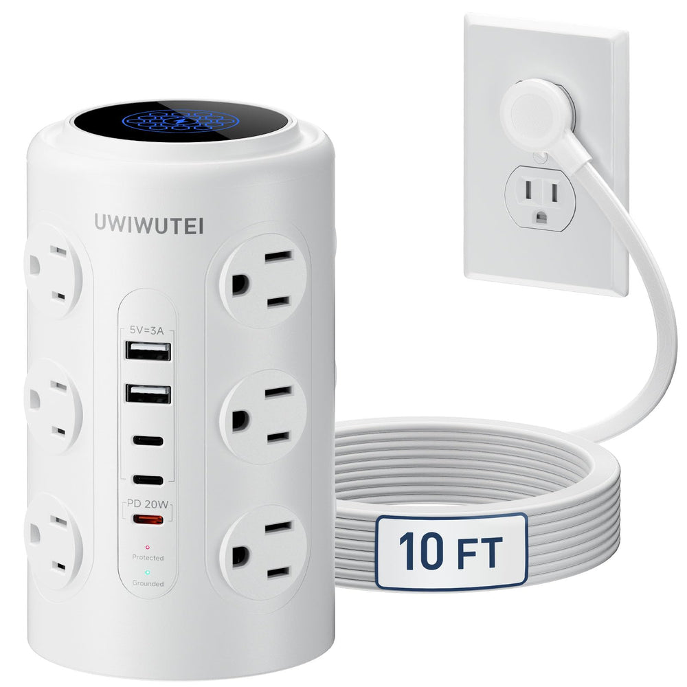 UWIWUTEI front view of tower showing multiple outlets and USB ports for organized charging