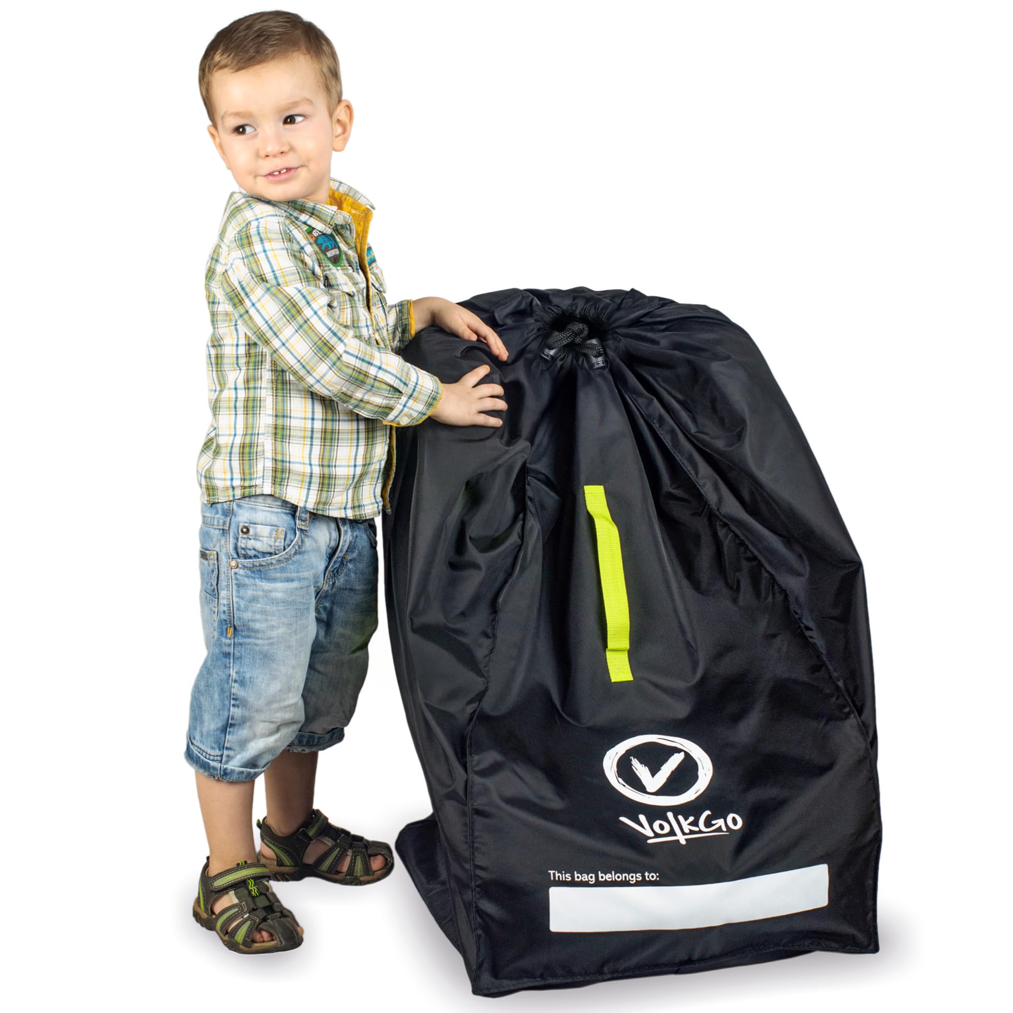 V VOLKGO front view of car seat travel bag showing full coverage and quick packing benefit
