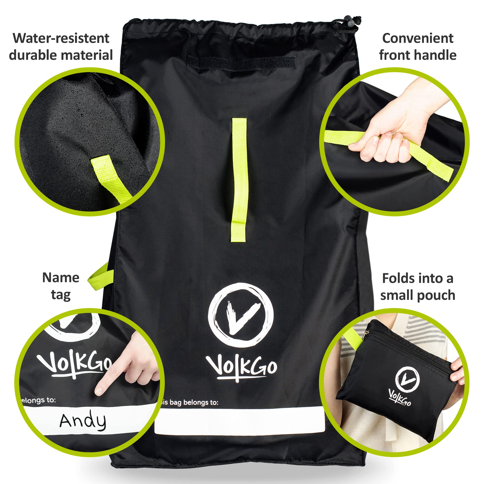 V VOLKGO bag next to suitcase showing 34x18x18 scale for travel planning benefit