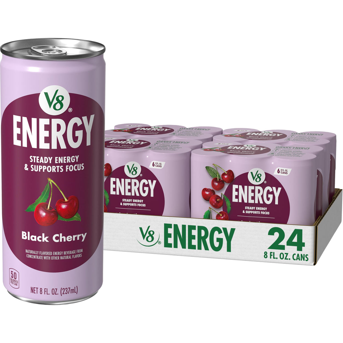 V8 Energy black cherry front can showing branding and flavor for quick recognition and choice