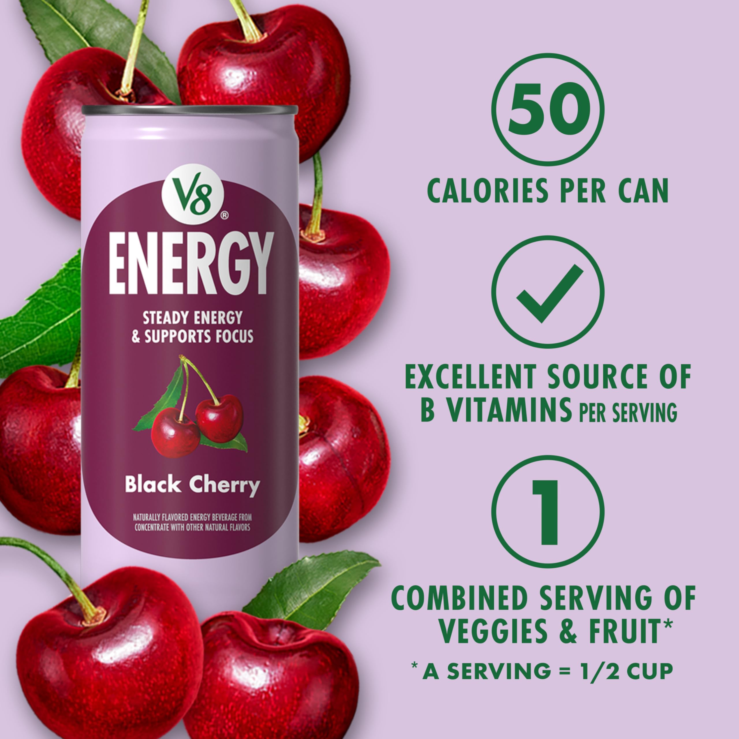 V8 Energy black cherry being poured into glass to show color and refreshing appearance