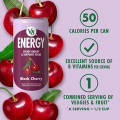V8 Energy black cherry being poured into glass to show color and refreshing appearance