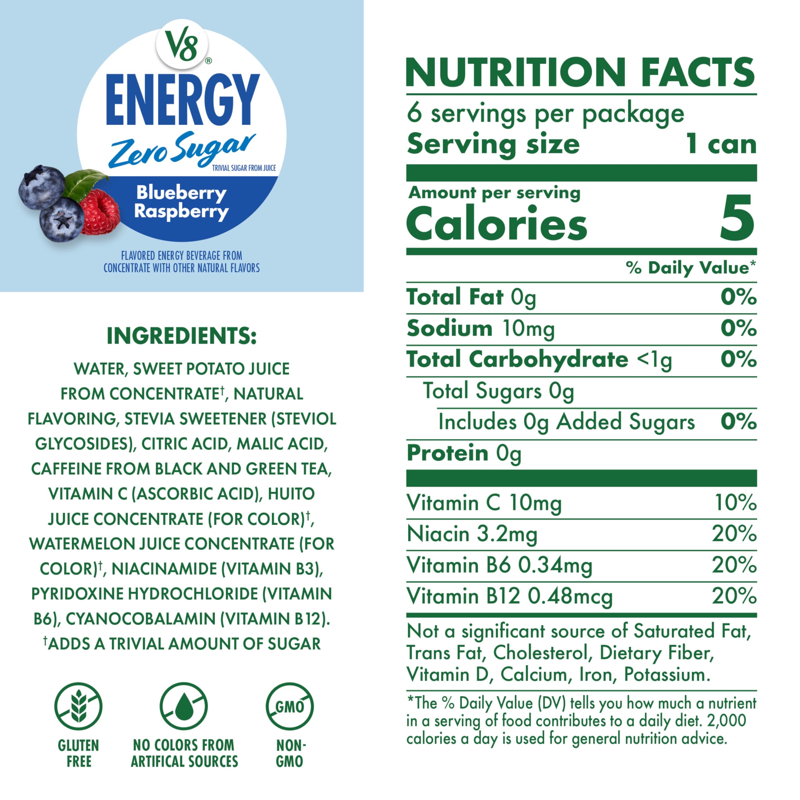 v8 energy label detail highlighting caffeine amount and ingredient clarity