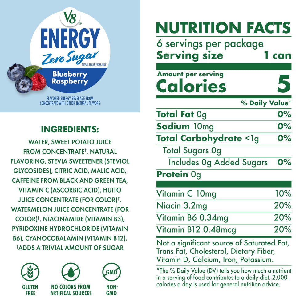v8 energy label detail highlighting caffeine amount and ingredient clarity