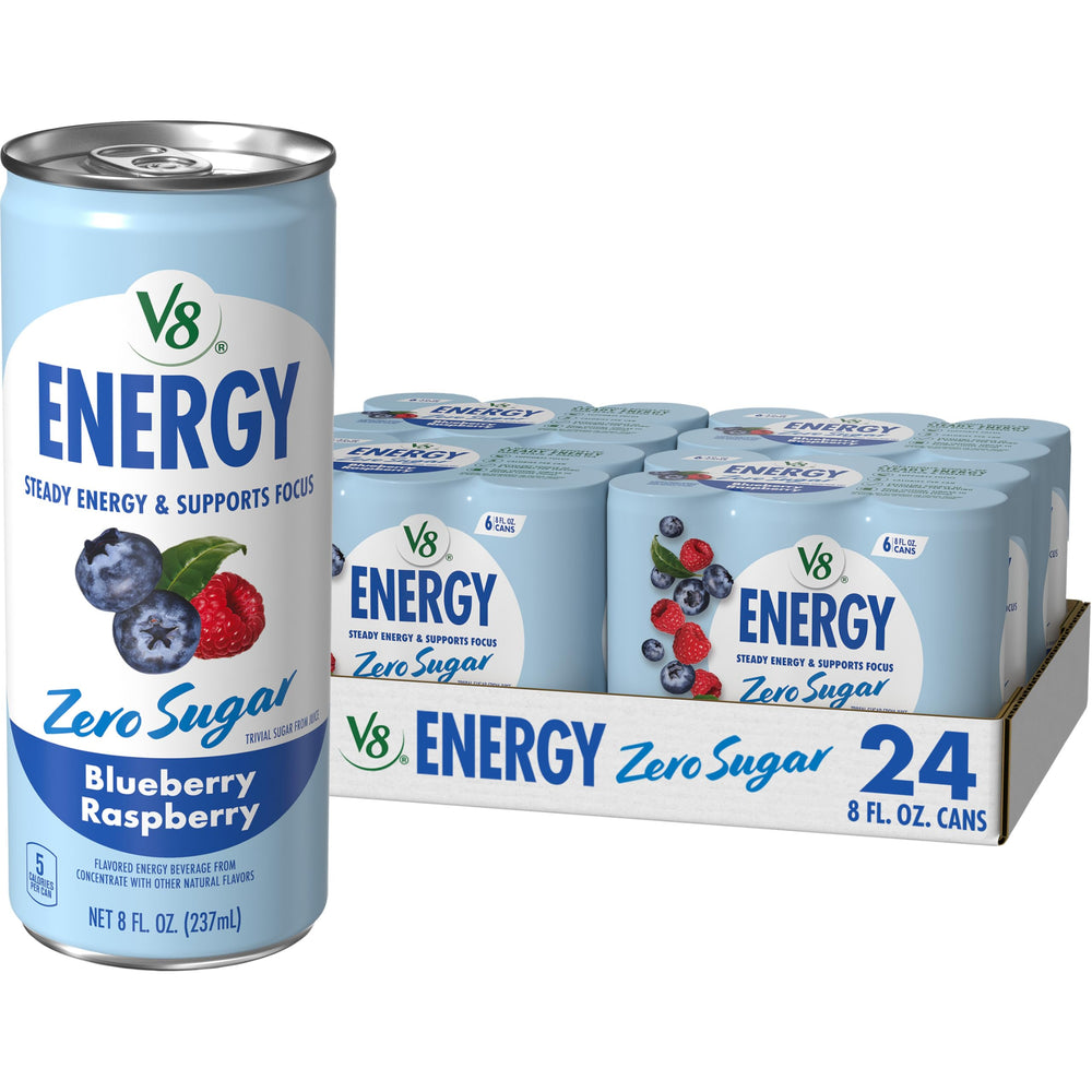 v8 energy front can showing blueberry raspberry flavor and refreshing benefit