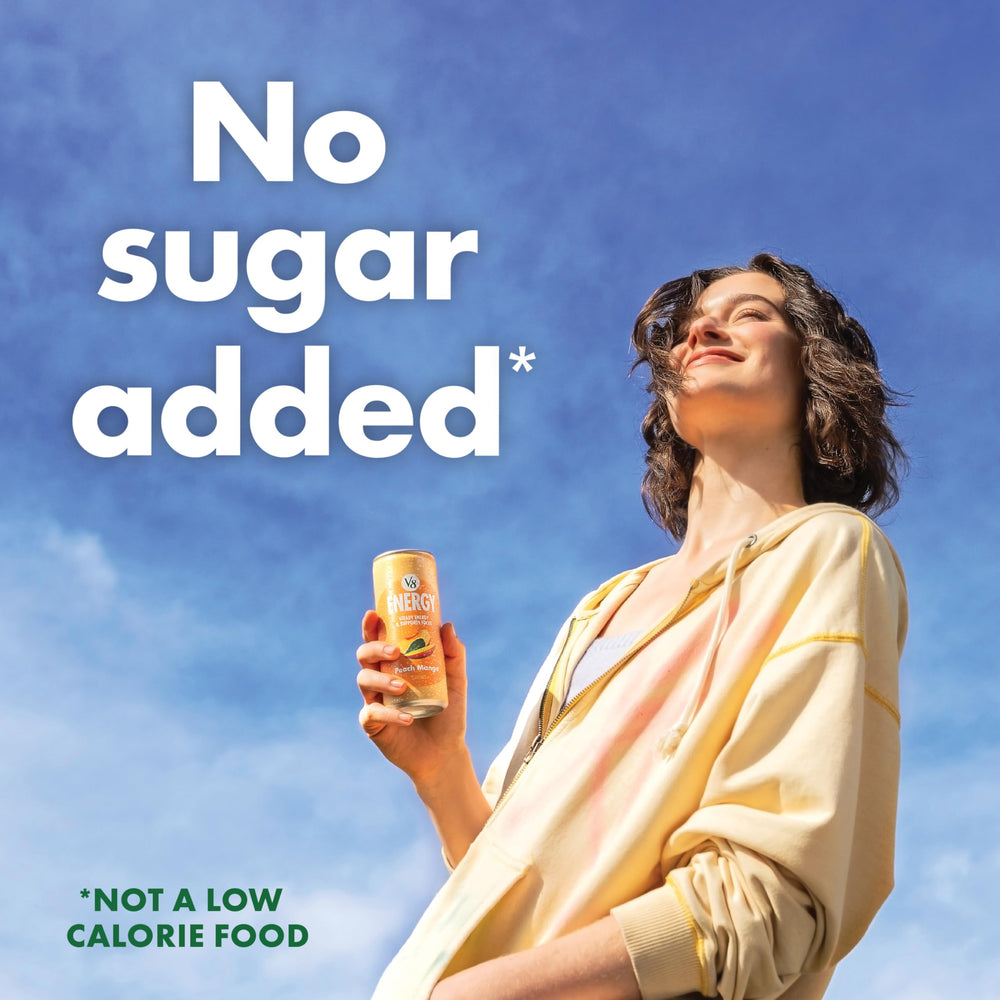 Close-up of V8 label showing ingredients and natural branding benefit