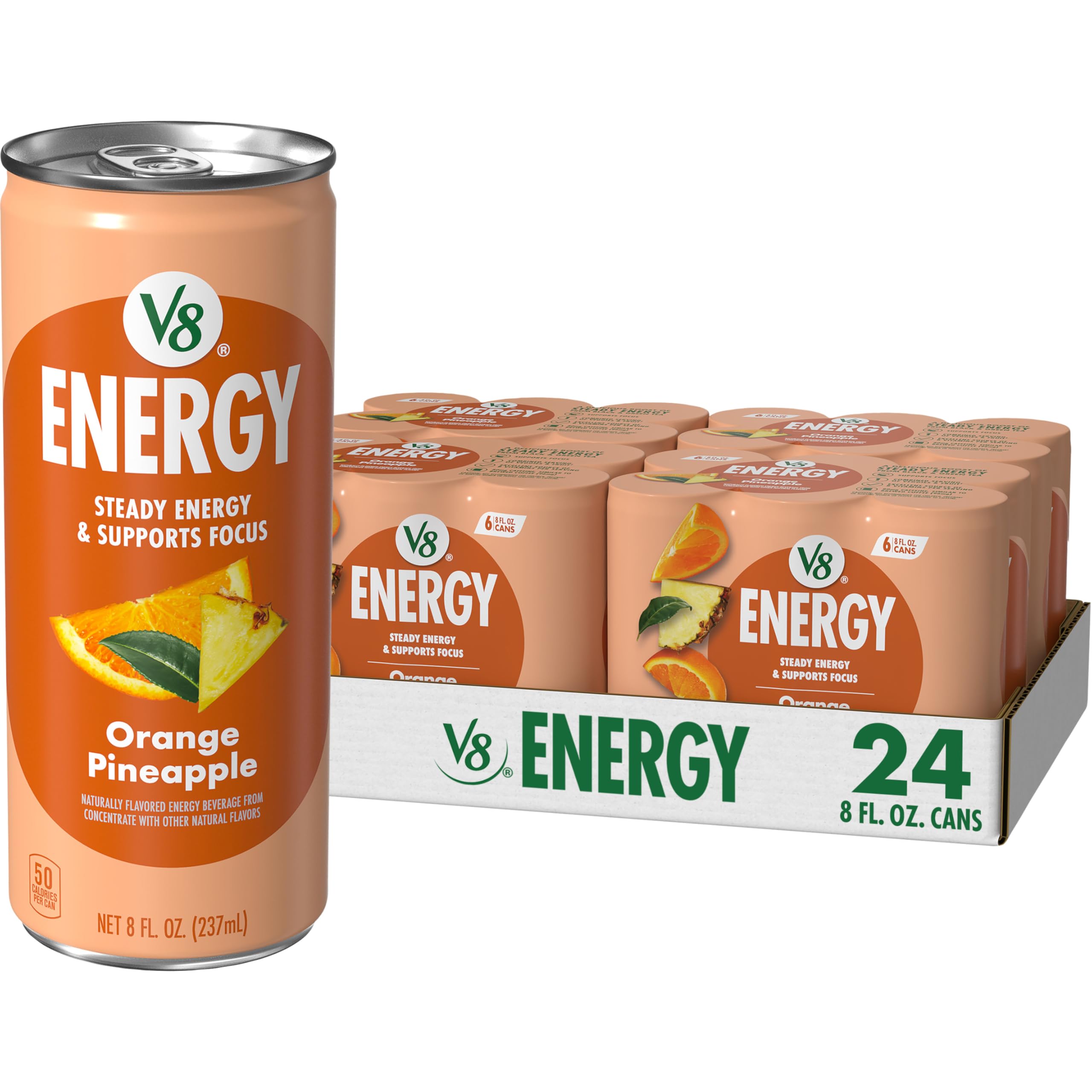 V8 can front view showing orange pineapple flavor and clear benefit