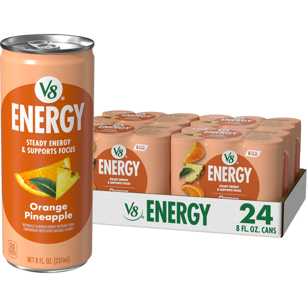 V8 can front view showing orange pineapple flavor and clear benefit