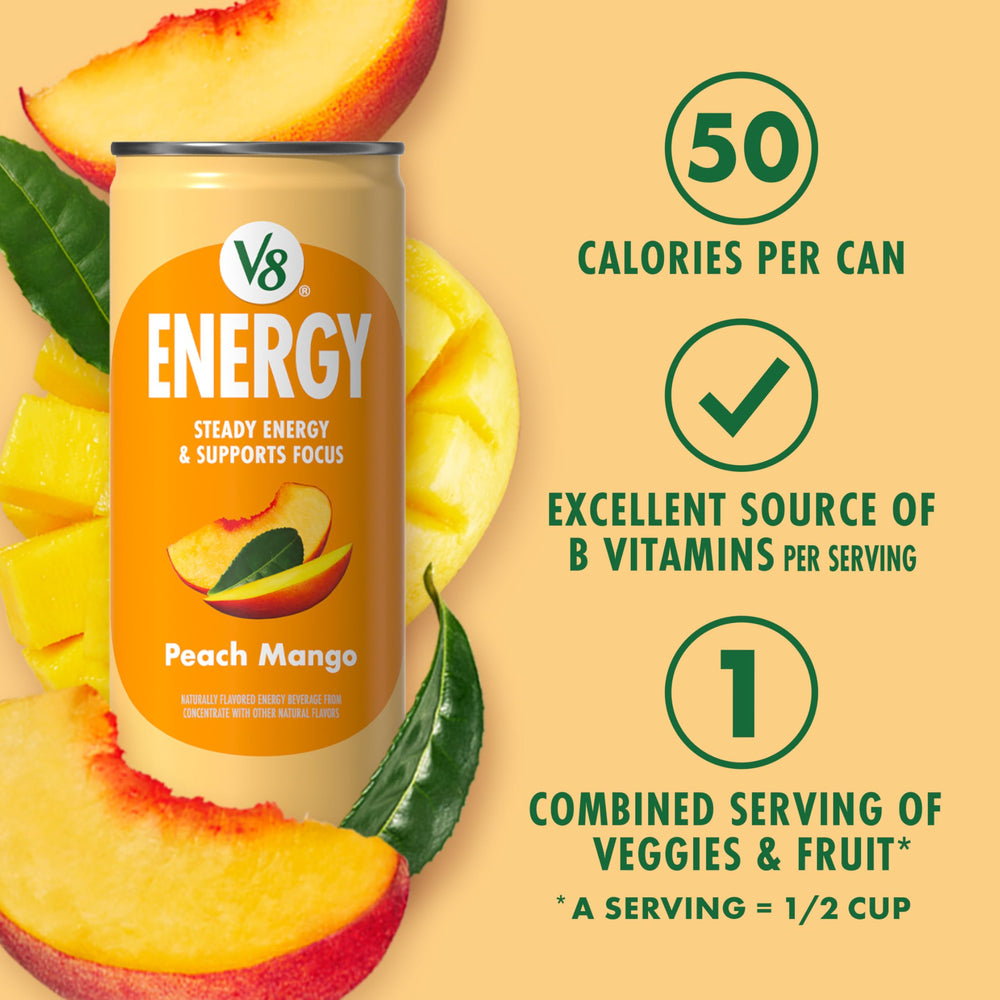 V8 Peach Mango poured into glass, showcasing color and ready-to-drink refreshment