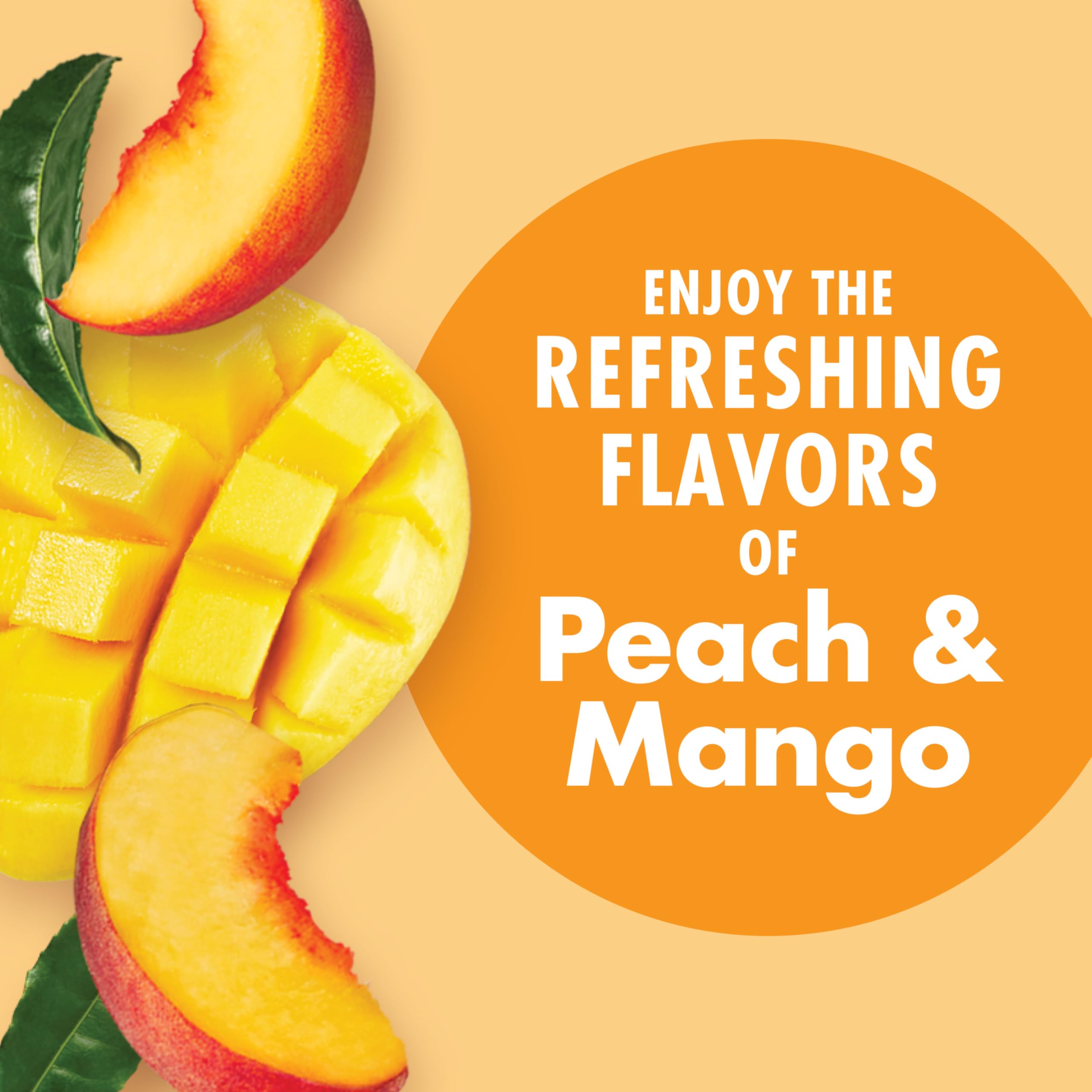 V8 Peach Mango can held in hand for scale, showing compact on-the-go convenience
