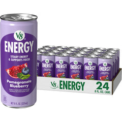 V8 pomegranate blueberry front can showing branding and flavor benefit