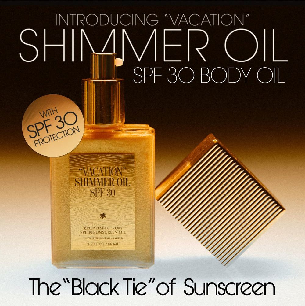 VACATION texture closeup showing silky shimmer oil for a luminous finish