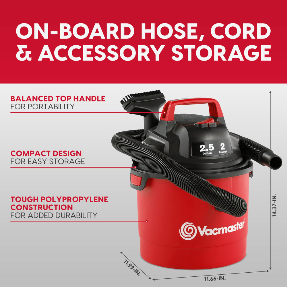 Vacmaster VOM205P in a garage setting cleaning sawdust for practical home use
