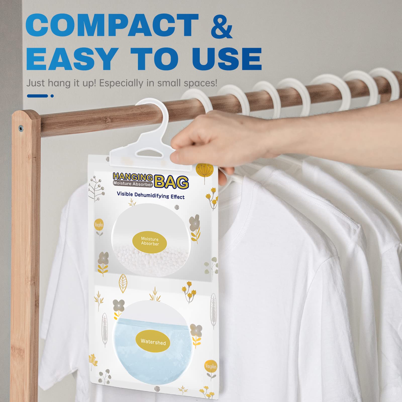 Vacplus hanging in closet with clothes protects garments from damp and odor