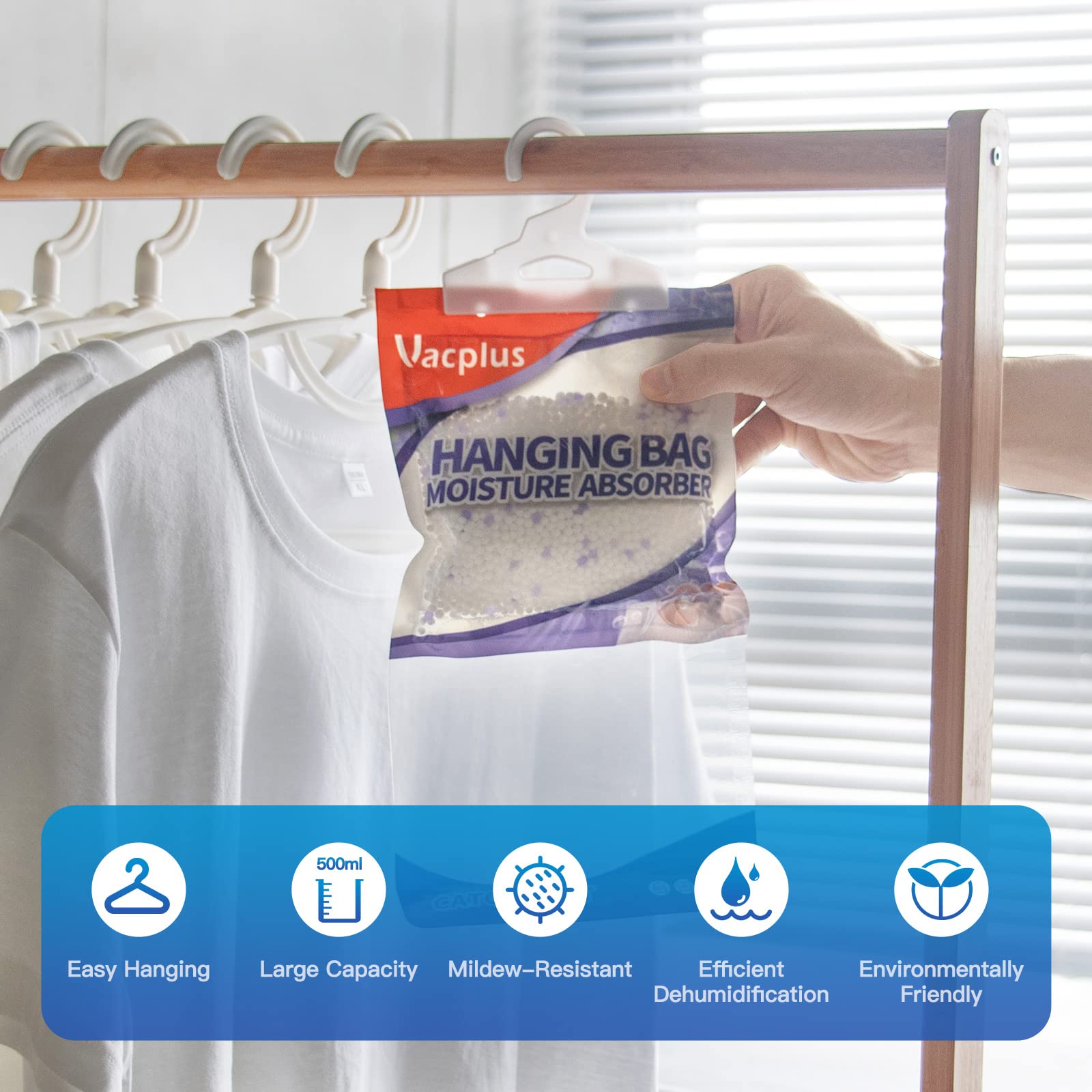 Vacplus hanging in closet protecting clothes from damp and odors